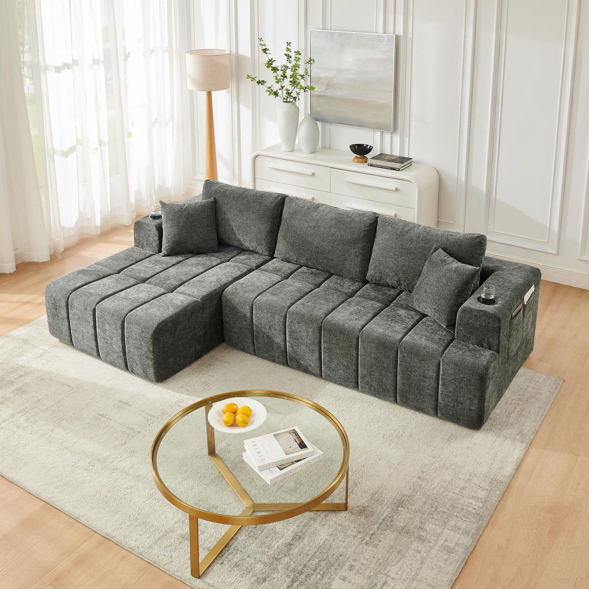 108" Oversized Cloud Boneless Sofa Couch with Chaise, Modern Tufted Chenille L Shaped Modular Sectional Sofa with Deep Seat, Comfy Corner Couch with Cupholders and Storage, No Assembly Required