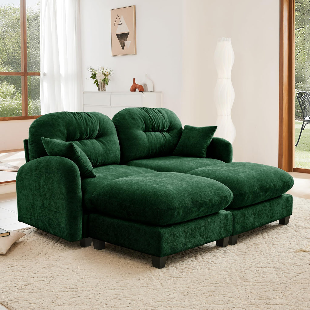 Tidyard Cloud-Like Modular Sectional Couch in Green - Plush Chenille Fabric, Tufted Backrest, High-Density Foam, Ergonomic Design with Throw Pillows & Ottoman for Bedroom or Living Room