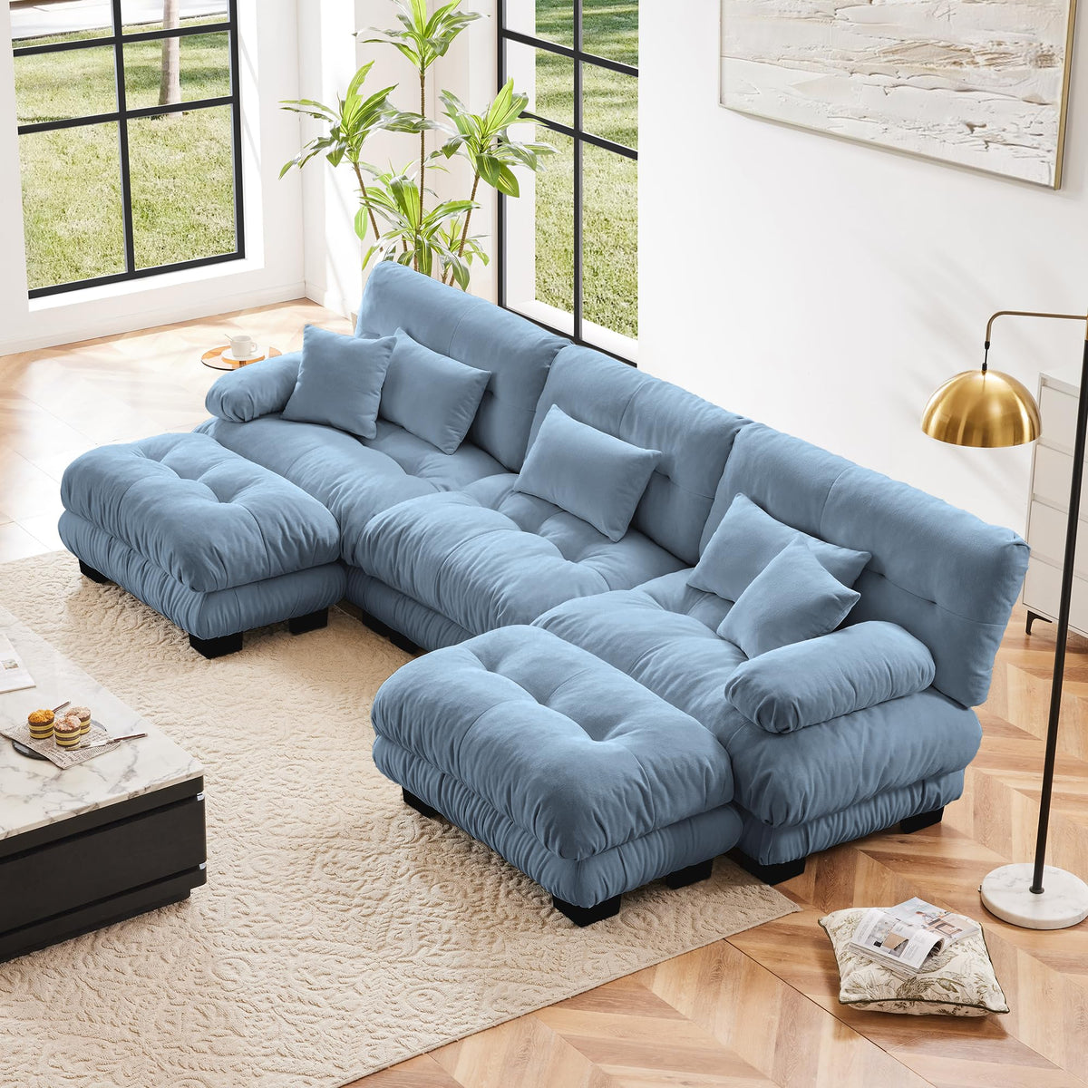 130" Modular Sectional Sofa,Velvet Upholstered Couches for Living Room,3 Seater Green Sofa Couch with Movable Ottoman,Big Comfy Loveseat Sofa with Deep Seats for Living Room,Apartment,Bedroom