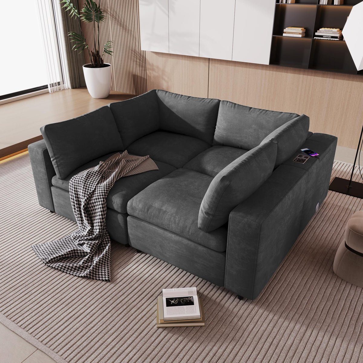 Upholstered Modular Sofa with with Storage Space, USB Charge Ports,Wireless Charging and Built in Speaker in Arm,Sectional Sofa for Living Room Apartment.[Old SKU:WY000317AAE]
