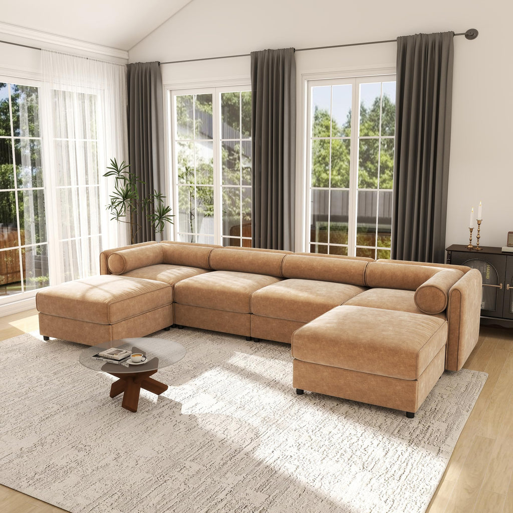 109'' Modular Sectional Sofa, Oversized 4 Seat L Shaped Couch with Storage Ottoman, Extra Deep Seat, Modern Comfy Convertible Chenille Sofa with Chaise, Lounge Couches for Living Room, Camel
