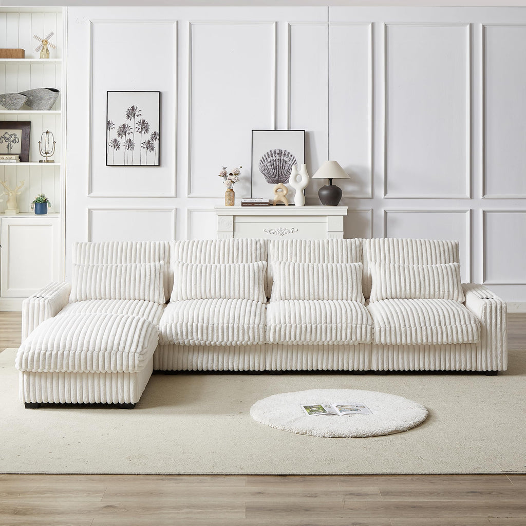 126 inch Corduroy with Cup Holder Super Large L Shaped Sofa, Movable Footrest, Four Waist Pillows and Four Back Cushion, with USB Port and Type C Port