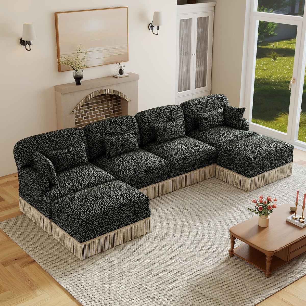 100" Leopard Print Chenille Modular Sectional Sofa with Tassels, L-Shaped Deep Seat Cloud Couch with Ottomans for Living Room, BGE-KHK