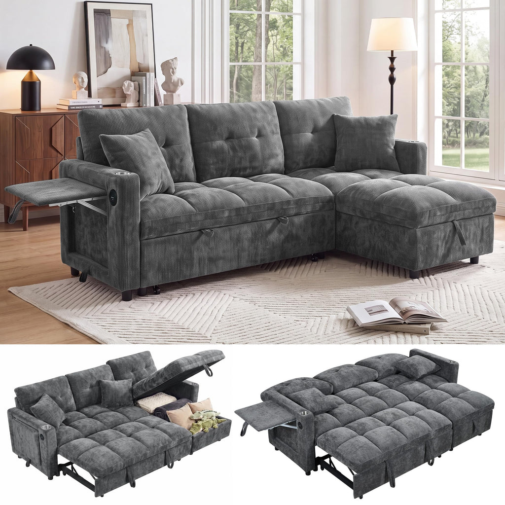 108”Pull Out Sofa Bed, U Shaped Sleeper Sofa for Living Room, Black