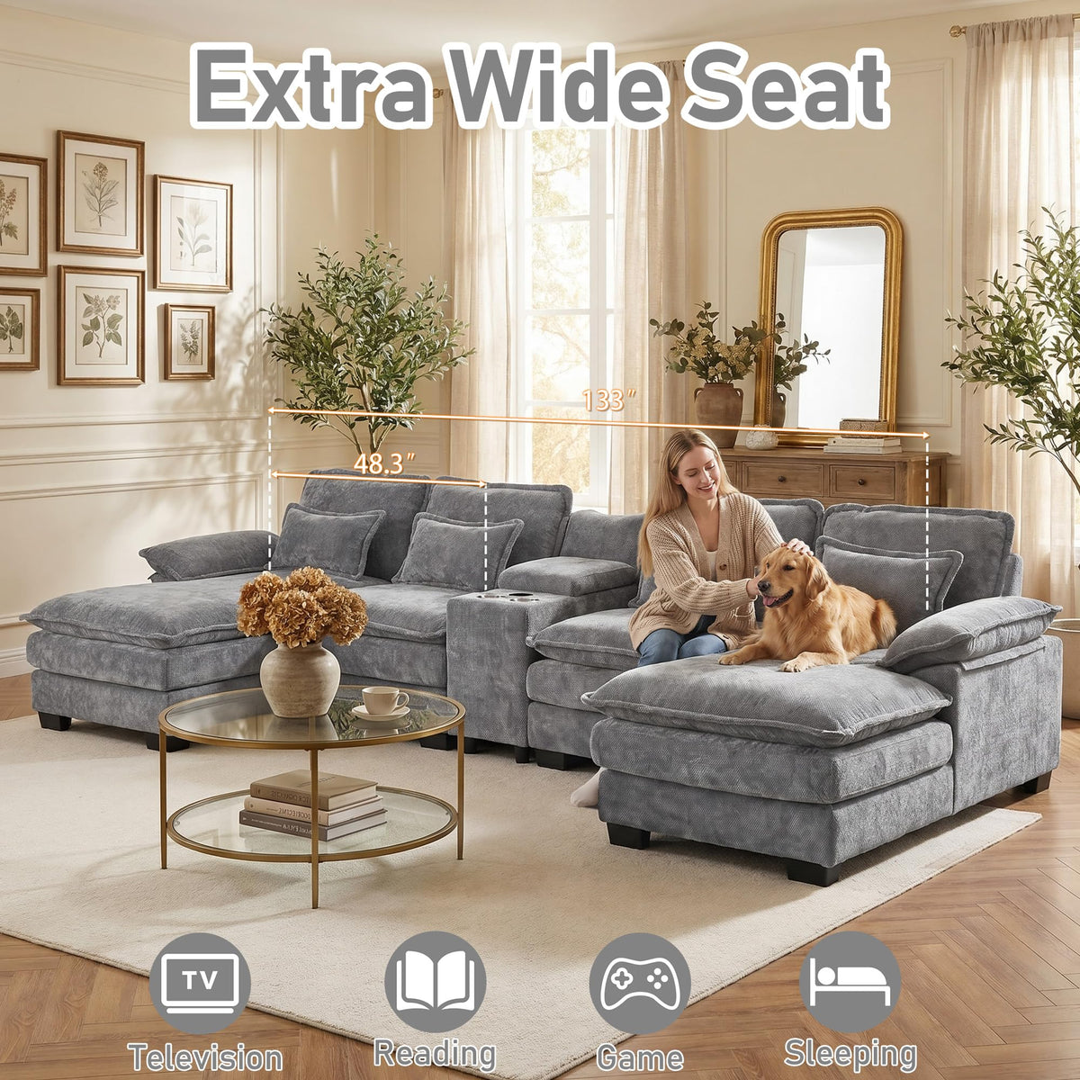133" U Shaped Sectional Sofa with Double Chaise and Console, Grey