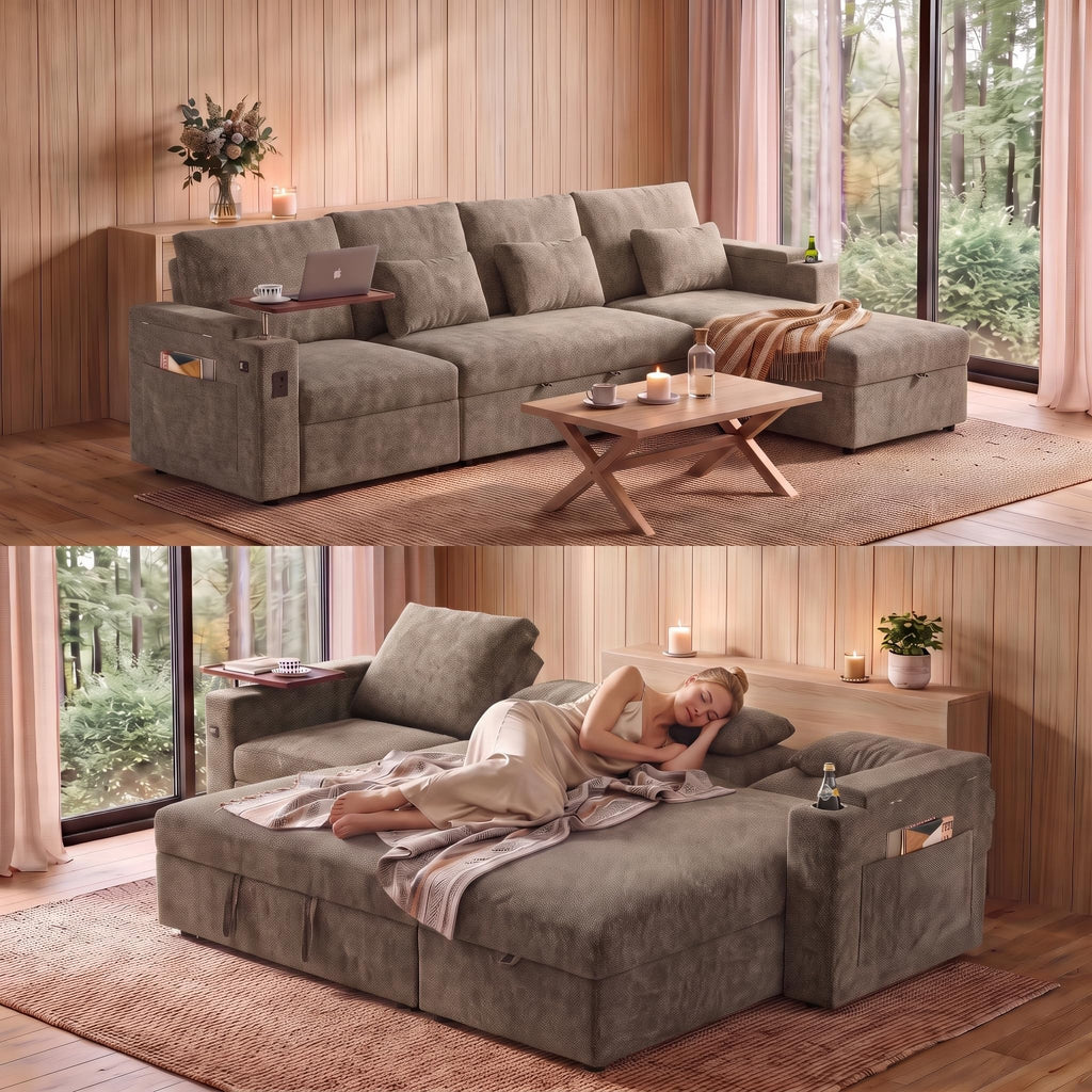 108" L Shaped Sleeper Sofa Bed,3 in 1 Pull Out Chenille Convertible Sectional Couch With Storage&Reclining Backrest For Living Room With USB|Type-C Port|Foldable Table|Cup Holder|Side Pocket,Khaki