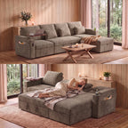 108" L Shaped Sleeper Sofa Bed,3 in 1 Pull Out Chenille Convertible Sectional Couch With Storage&Reclining Backrest For Living Room With USB|Type-C Port|Foldable Table|Cup Holder|Side Pocket,Khaki