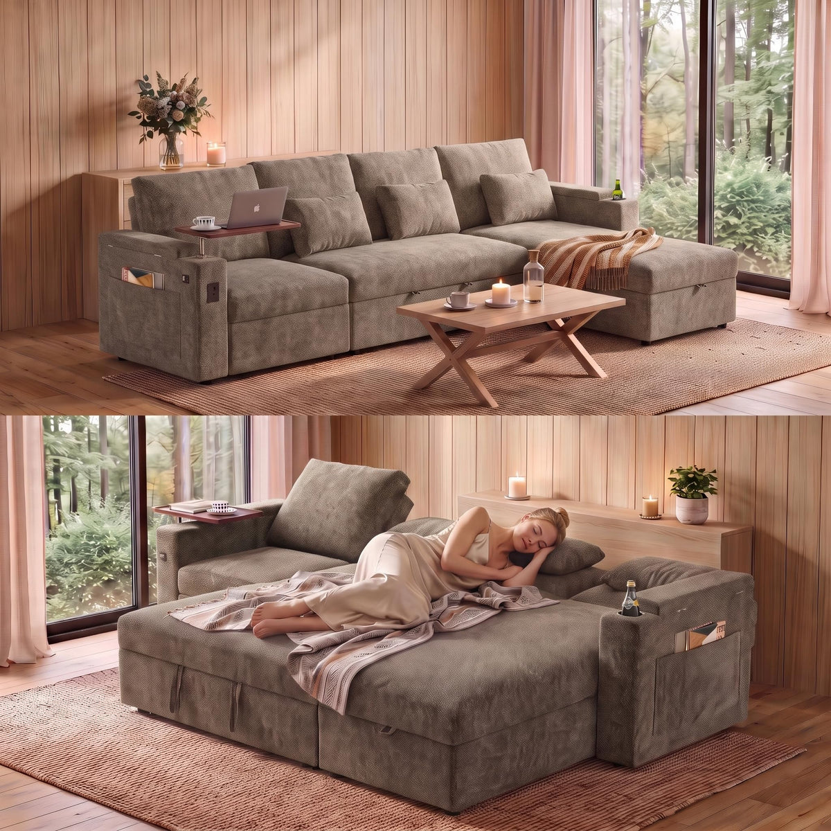 108" L Shaped Sleeper Sofa Bed,3 in 1 Pull Out Chenille Convertible Sectional Couch With Storage&Reclining Backrest For Living Room With USB|Type-C Port|Foldable Table|Cup Holder|Side Pocket,Khaki