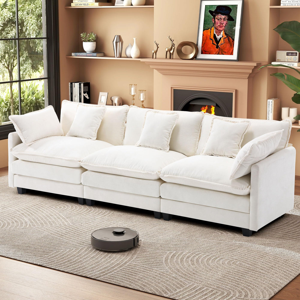 Urhanherry 111.4” L Shape Cloud Couch, Modular Sectional Sofa with Movable Ottoman, 3-Seater Chenille Couches Deep Seat with Throw Pillows for Living Room Apartment （Grey）