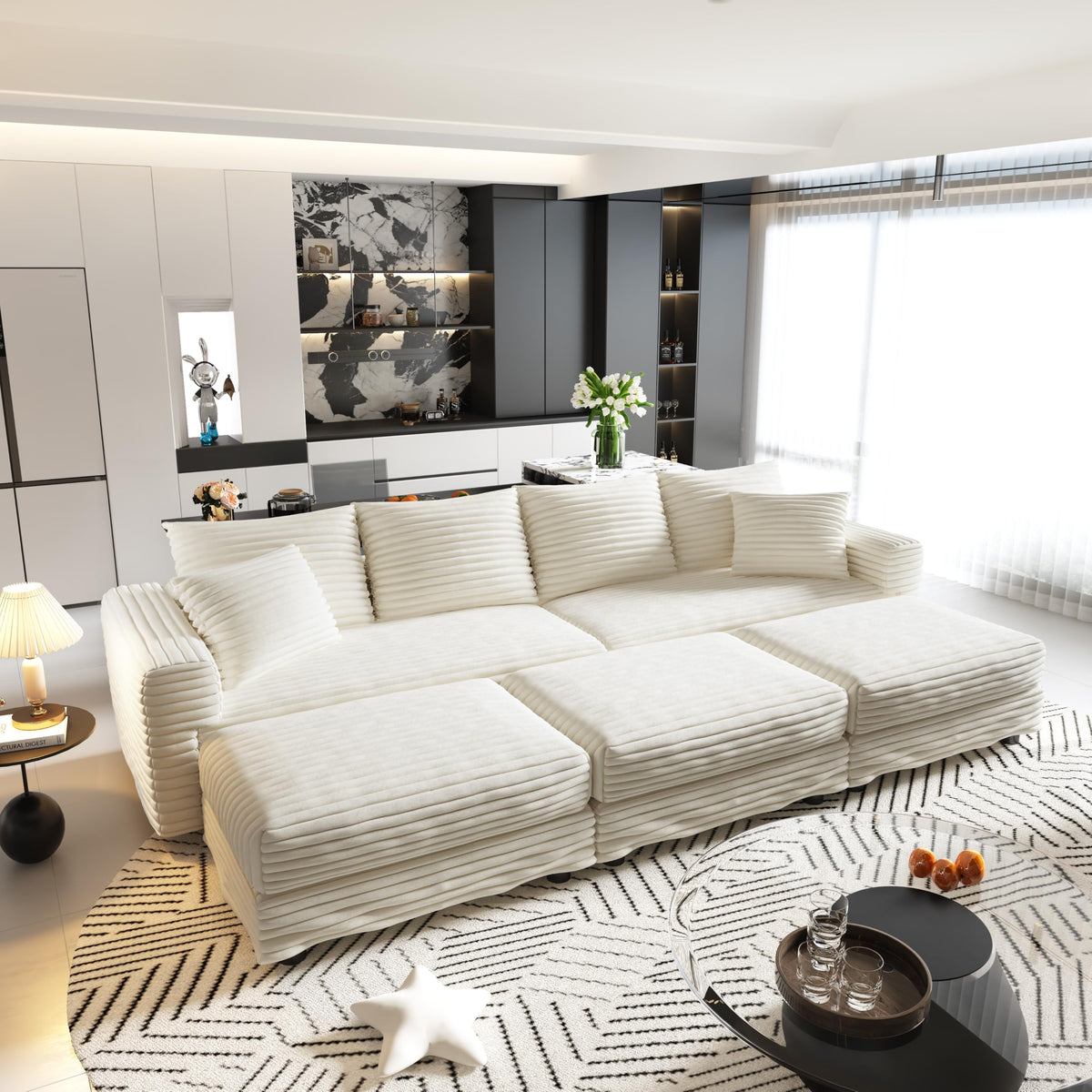 102.4 "Plush Corduroy 4 Seat Sofa,Comfy Upholstered Sofa Cloud Couch,Deep Seat Couches with Soft Pillows and 3 Ottomans,Convertible Sofa Lounge Chair,for Living Room,Apartment,Beige,White JB317
