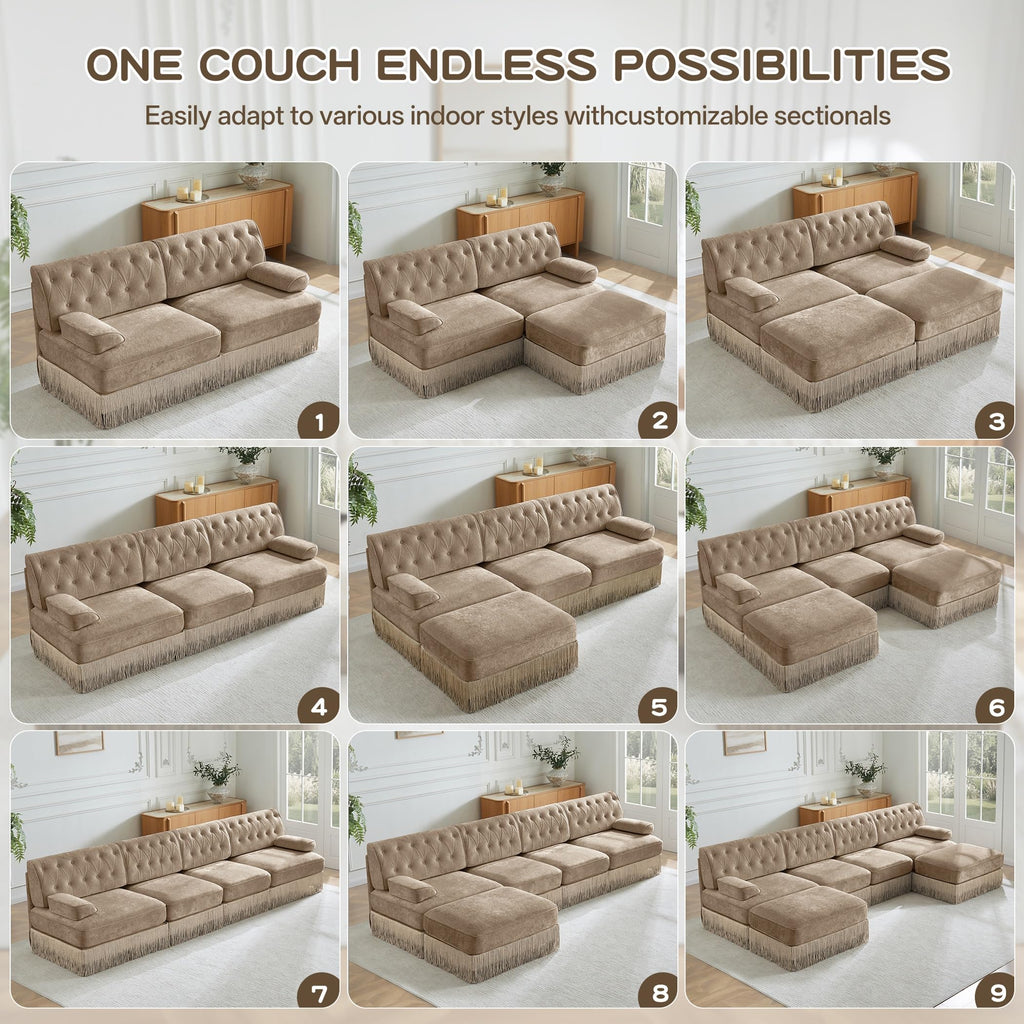 Velvet Modular Sectional Sofa, 135.6 Inch Chesterfield Style, Camel