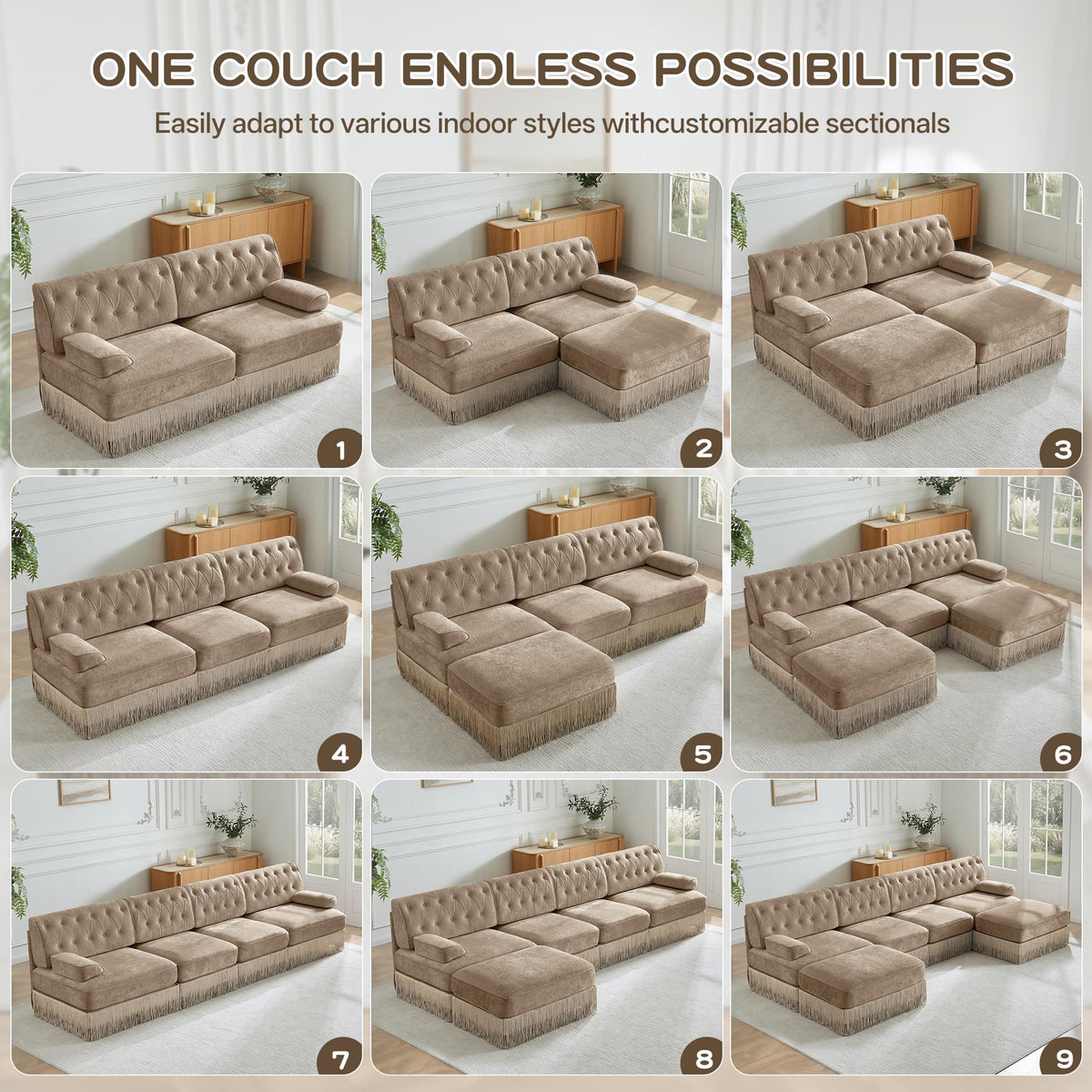 Velvet Modular Sectional Sofa, 135.6 Inch Chesterfield Style, Camel