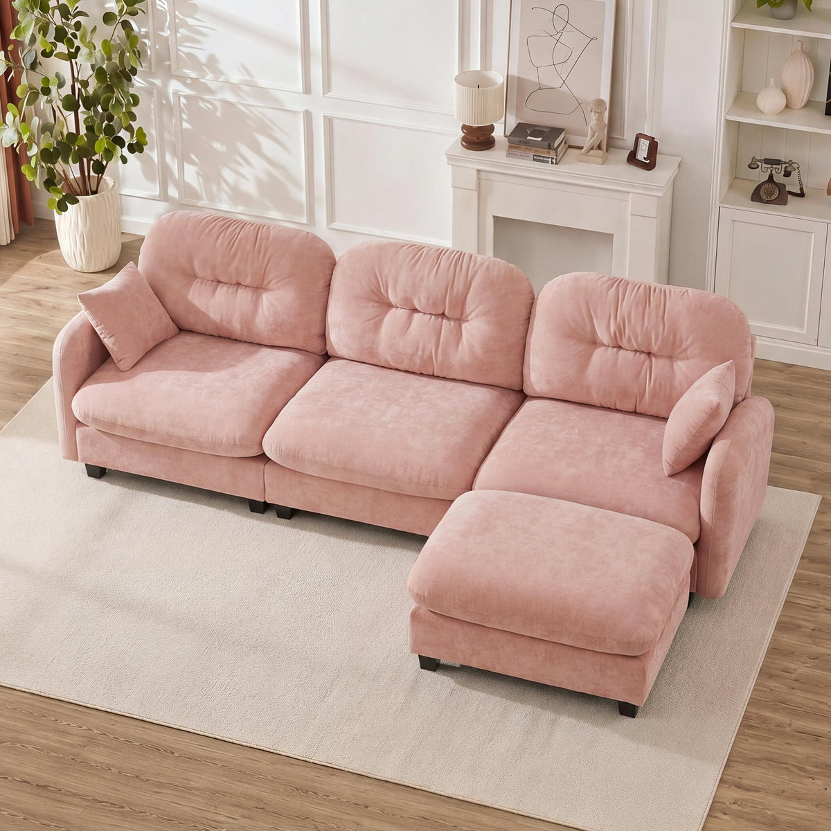 107" Modular Sectional Sofa with Ottoman Pink Chenille L Shaped Couch