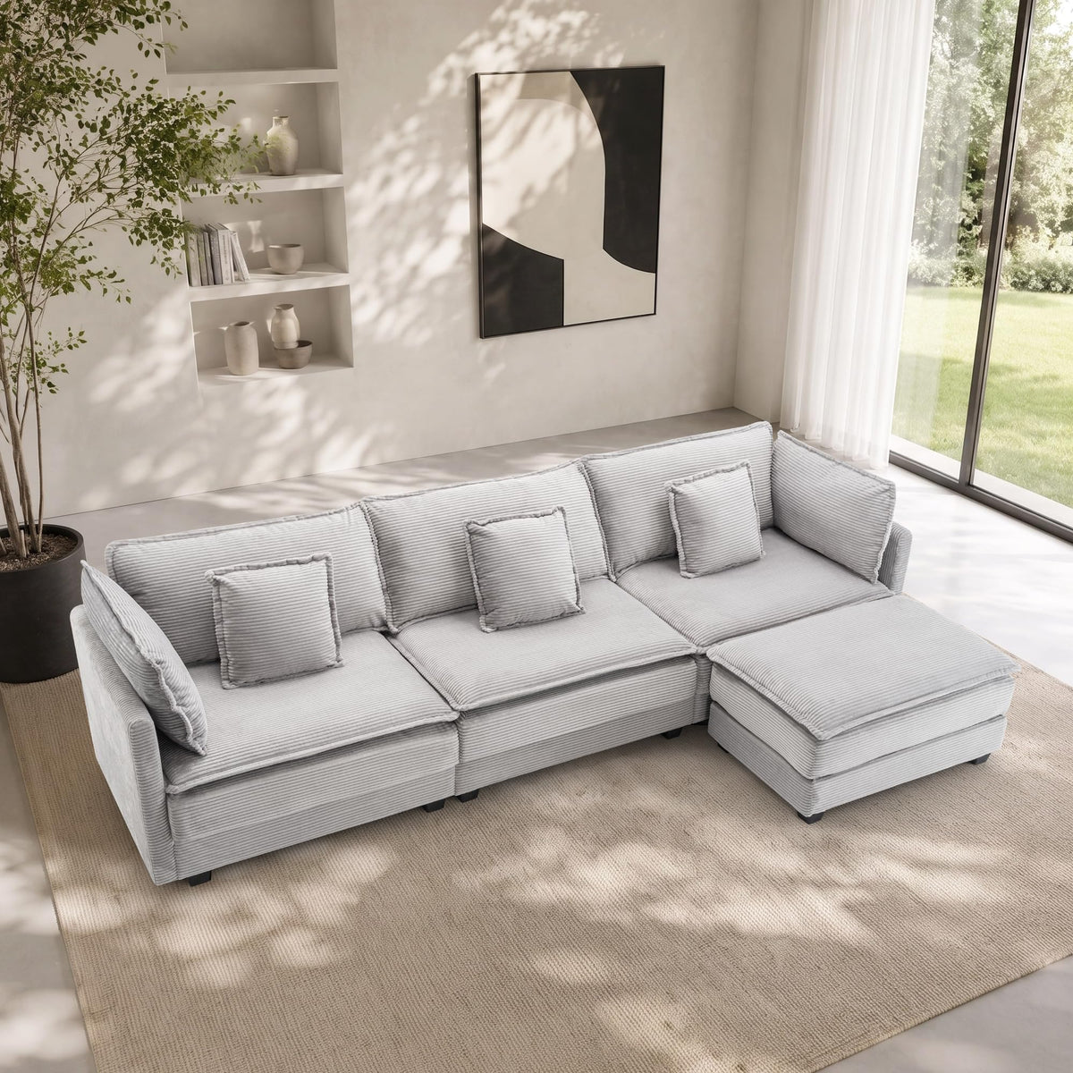 113" Modular Sectional Sofa with Movable Ottoman, 4-Seat L Shaped Corduroy Cloud Couch with Deep Seats and Pillows, Modern Sectional Sofa Set for Living Room, Apartment,Beige