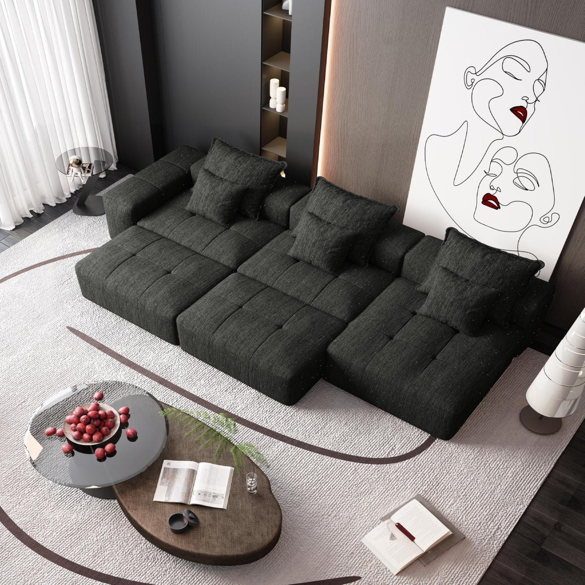 Tidyard Modern Sofa with 6 Pillows, Sparkling Chenille Fabric, No Assembly Required, Black