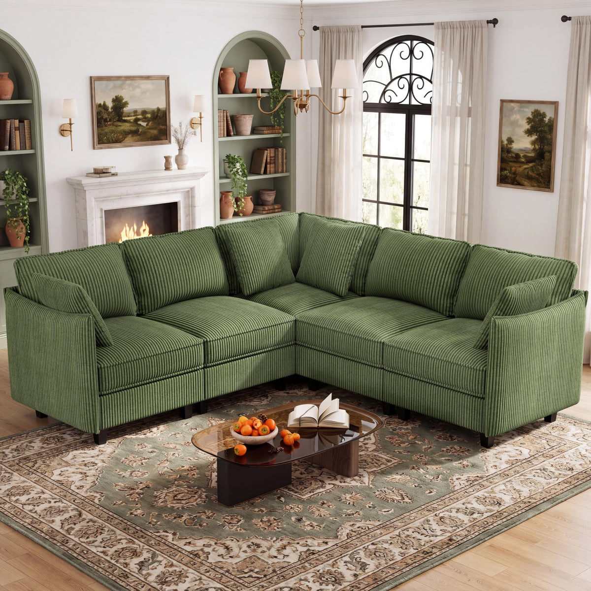 WorthFurni 84.8" Modular Sectional Sofa, 6 Seater Corner Sofa Modern V-Shaped Couch with 1 Storage Ottoman, Comfortable Corduroy Sofa with Throw Pillows for Living Room, Apartment, Green