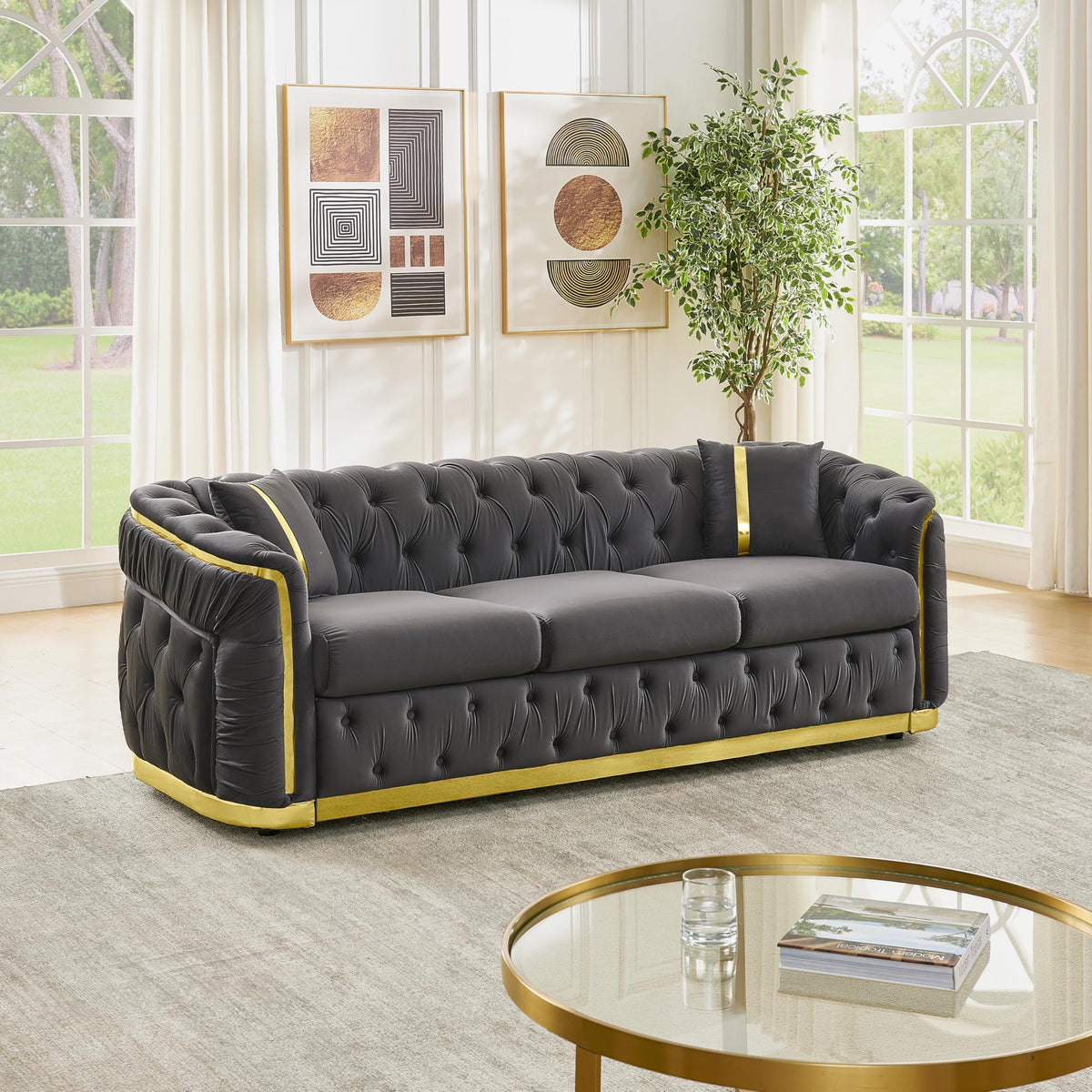 Tufted Velvet Chesterfield 3 Seater Sofa, 84.6 Inch Living Room Couch with Gold Trim and Wood Frame (Gray)