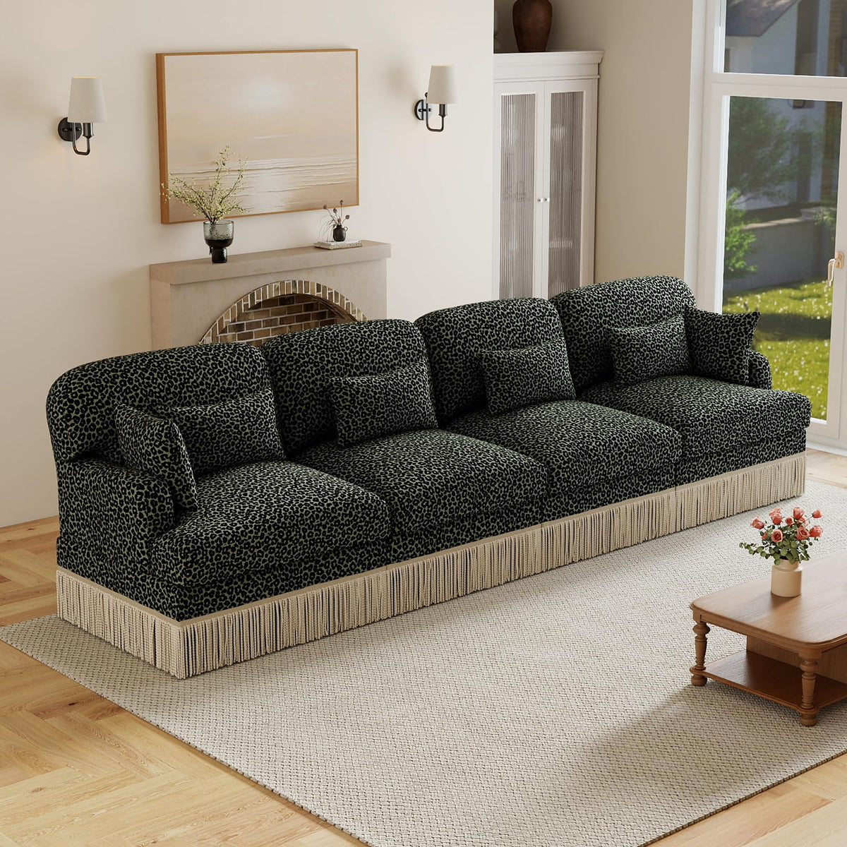 100" Leopard Print Chenille Modular Sectional Sofa with Tassels, L-Shaped Deep Seat Cloud Couch with Ottomans for Living Room, BGE-KHK