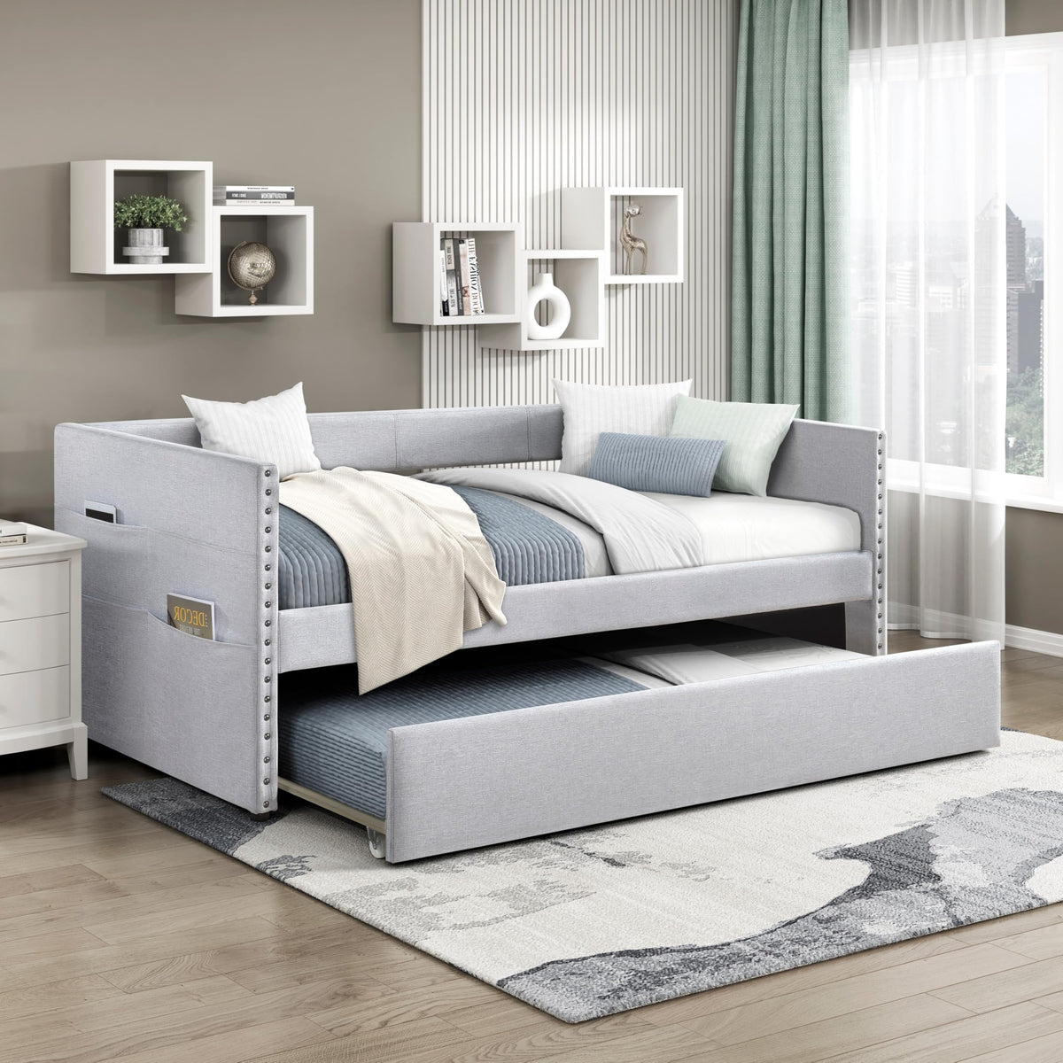 Versatile Daybed with Pull-Out Trundle, Textured Fabric Upholstery