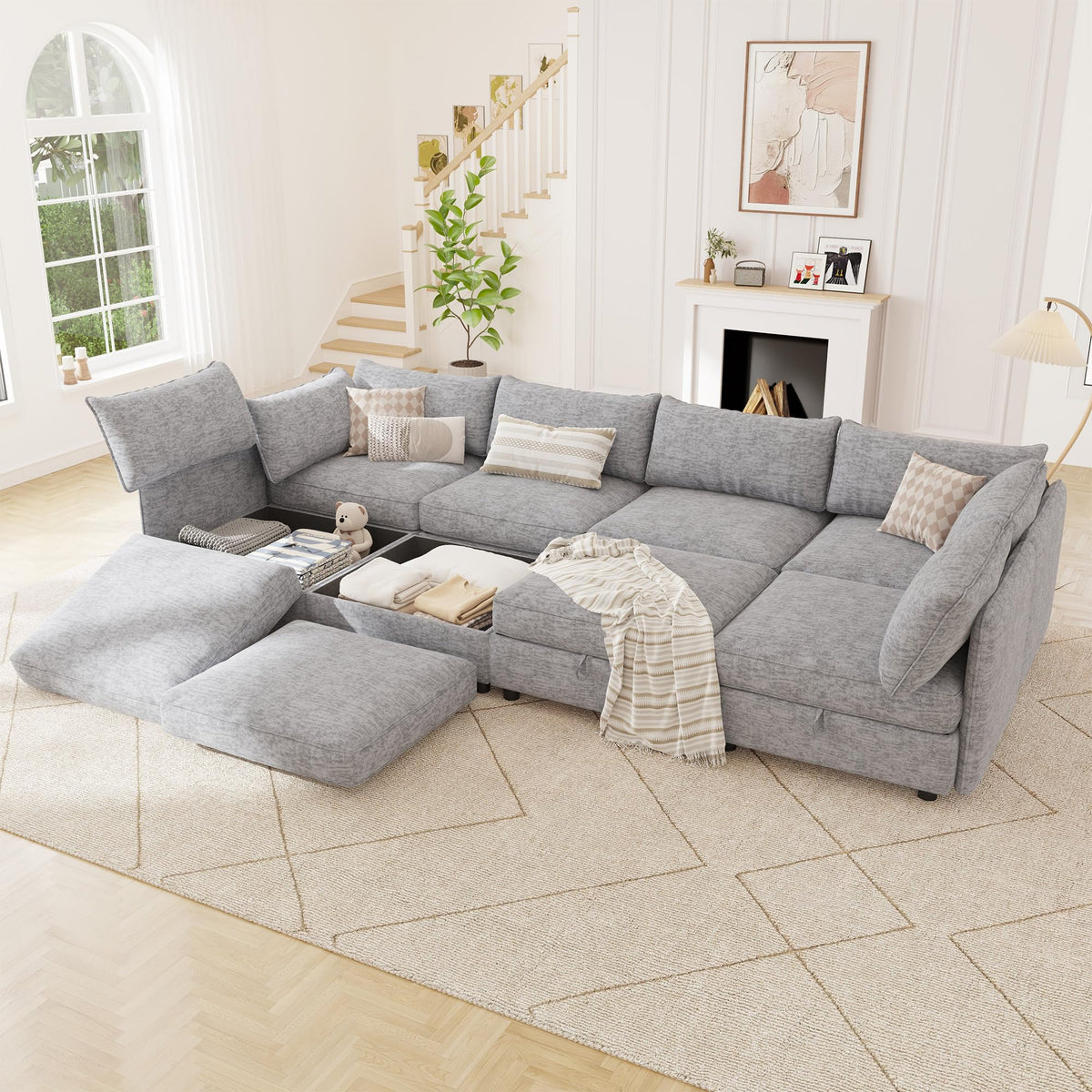 125" Chenille Modular Sectional Sofa Bed Hidden Storage, Convertible L U Shaped Sleeper Couch, 8 Seat Modern Modular Sectional Sofa with Removable Covers & Ottoman Chaise, for Living Room, Beige