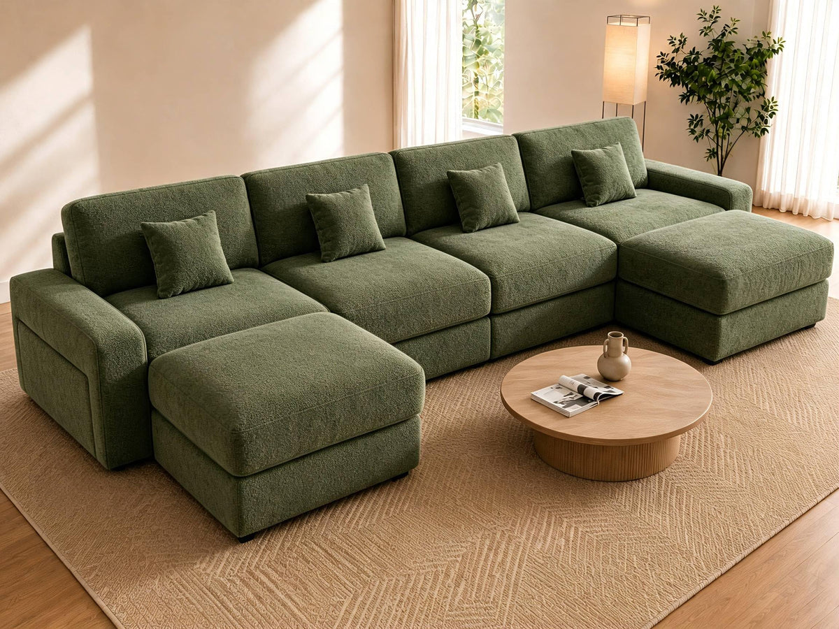 WEUP 148" Modular Sectional U Shaped Sofa Couches,Oversized Cloud Couch with Movable Ottoman,Comfy Chenille Sofa with Pillow,Side Pockets,for Living Room,Bedroom,Apartment,Beige