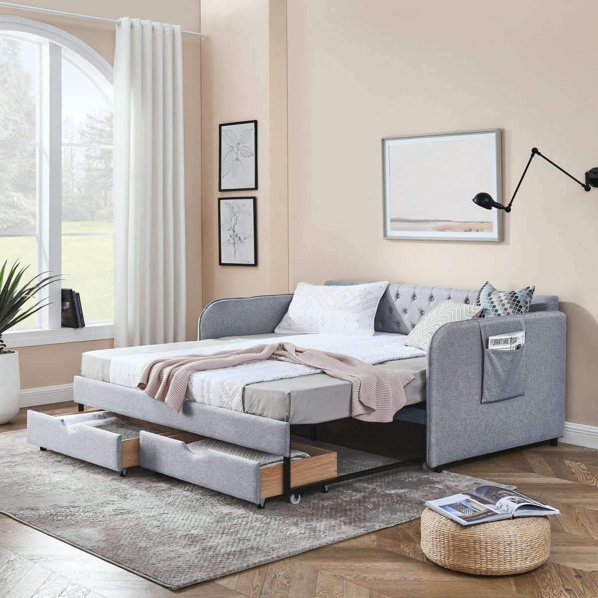 Versatile Daybed with Pull-Out Trundle, Textured Fabric Upholstery