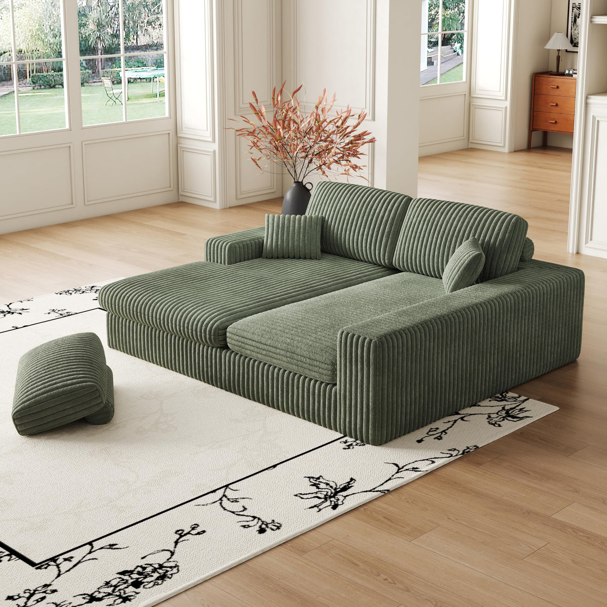 114.5'Corduroy Modular Foam Sofa, Recliner Seat Reversible Sofa, 2 in 1 Sofa with Recliner and L Shaped Sofa Combination with Three Cushion Neck Pillow Combination and Two Throw Pillows WT655