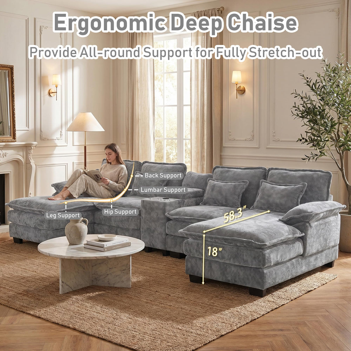 133" U Shaped Sectional Sofa with Double Chaise and Console, Grey