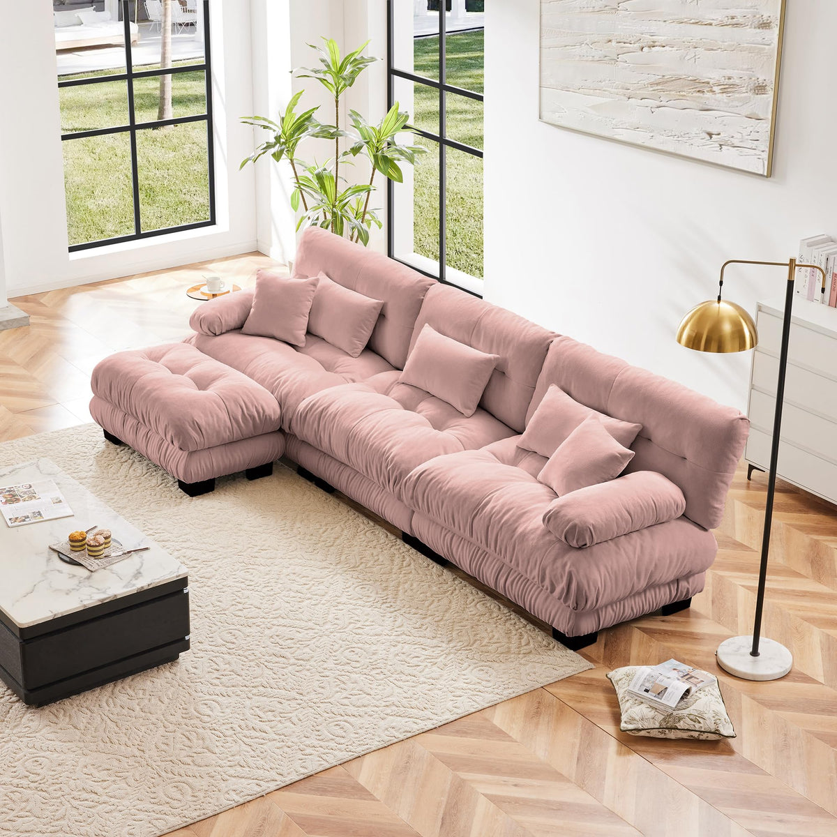 134" Oversized 3 Seater L Shaped Modular Sectional Sofa, Large Sectional Couches for Living Room, Chenille Cloud Couch with Pillows, Living Room Deep Seat Sofas with 3 Seats & 1 Ottoman, Pink