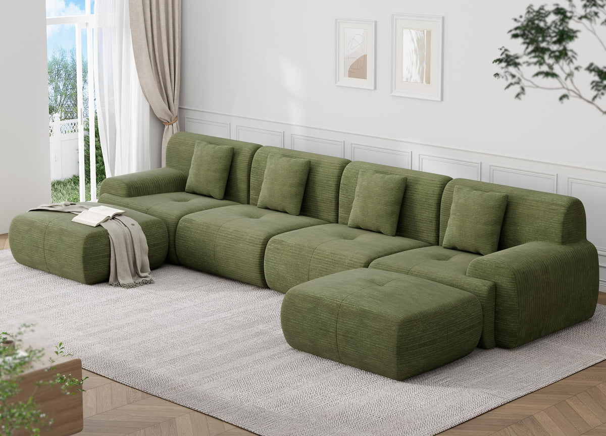 U Shaped Sectional Couch, Modular Cloud Couch Sofa, Boneless Sectional Sofa with Corduroy Fabric, Large Couches for Living Room,Green