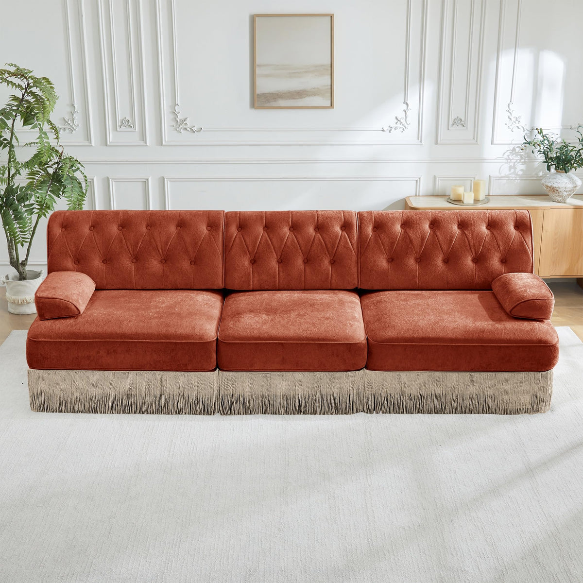 Velvet Modular Sectional Sofa, 135.6 Inch Chesterfield Style, Camel