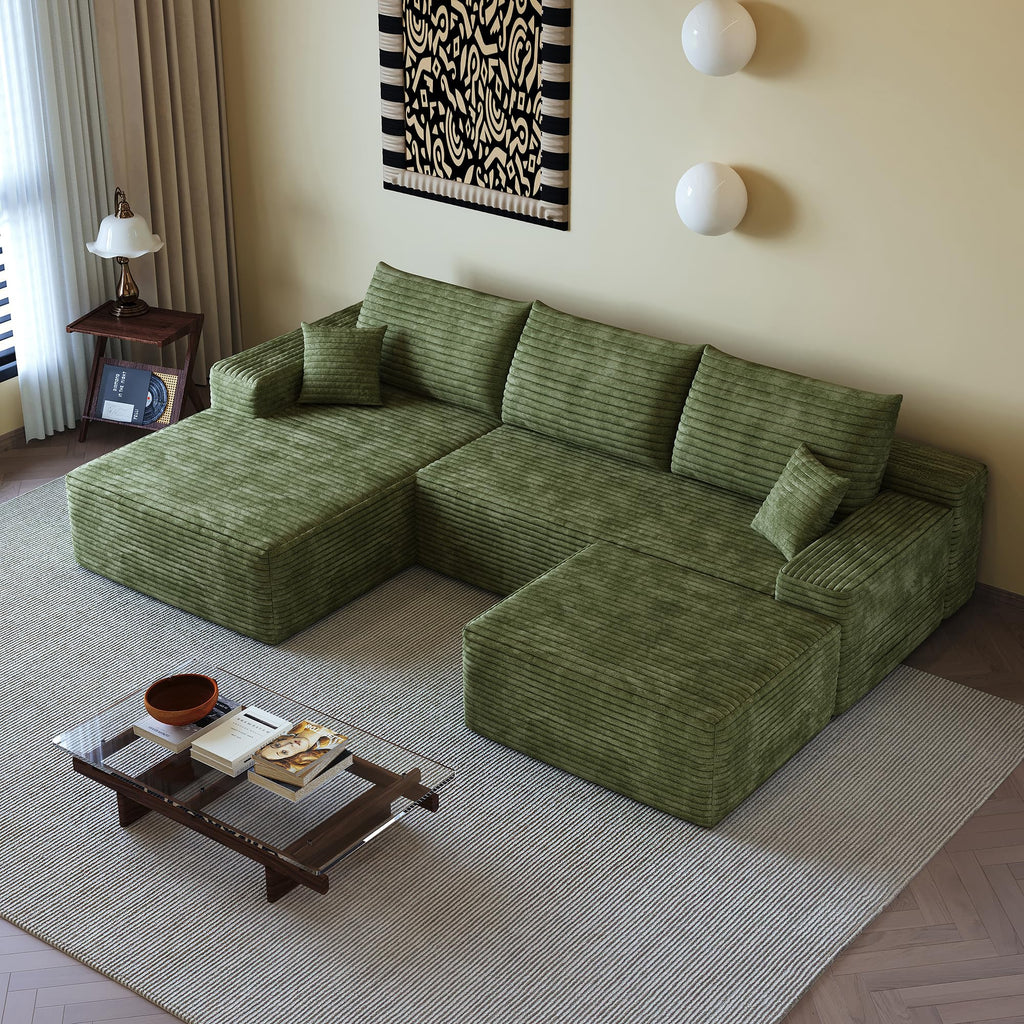 107" Plush Corduroy Deep Seat Chaise Lounge Indoo, Modern Boneless Compressed Floor Sectional Sofa with High-Resilience Foam, Free Combination Modular Cloud Sectional Sofa for Living Room, Green