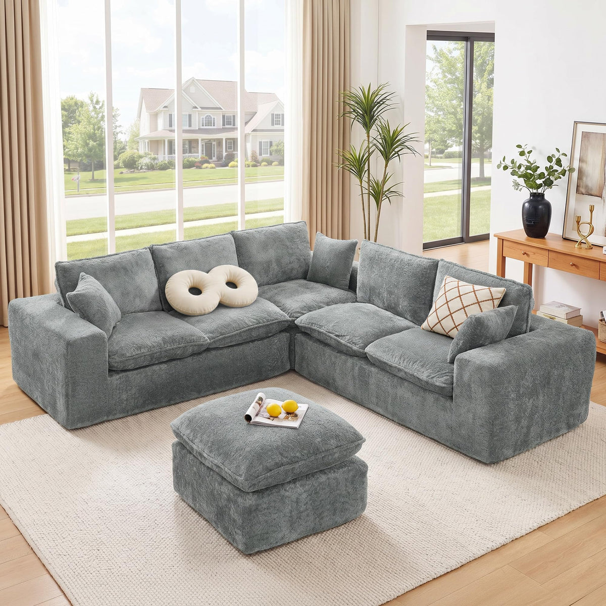 107'' Modular Sectional Sleeper Sofa, 5 Seater Corner Couch, Modern L Shaped Sectional Couch with Ottoman, Boneless Cloud Couches for Living Room (Green, L Shaped Sofa (5+2))