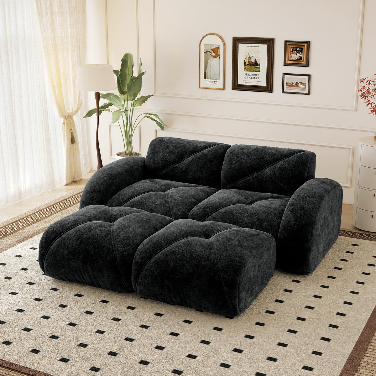110.6" U Shaped Boneless Couch with Ottoman, Convertible Modular Sectional Cloud Sofa, Deep Seat 5 Seater Velvet Couch, 32D High Density Foam Sofas for Living Room, No Assembly Required, Camel