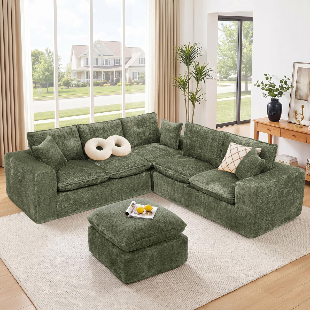 107'' Modular Sectional Sleeper Sofa, 5 Seater Corner Couch, Modern L Shaped Sectional Couch with Ottoman, Boneless Cloud Couches for Living Room (Green, L Shaped Sofa (5+2))