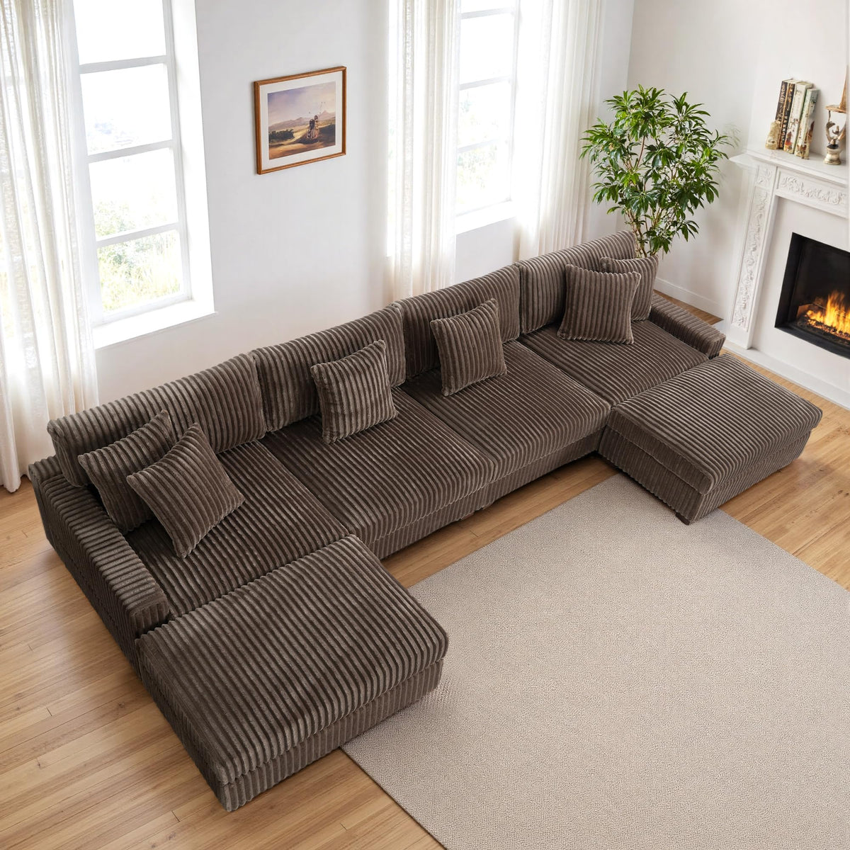 118.3" L-Shaped Modular Sectional Sofa with Chaise, Comfy Corduroy Fluffy Couch with Deep Seat, Flexible Module Combination for Living Room, Cotton Flannel Light Brown