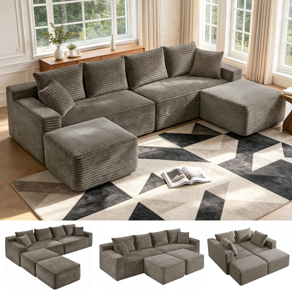 127" U-Shaped Boneless Sofa with Center Console for Living Room, Brown
