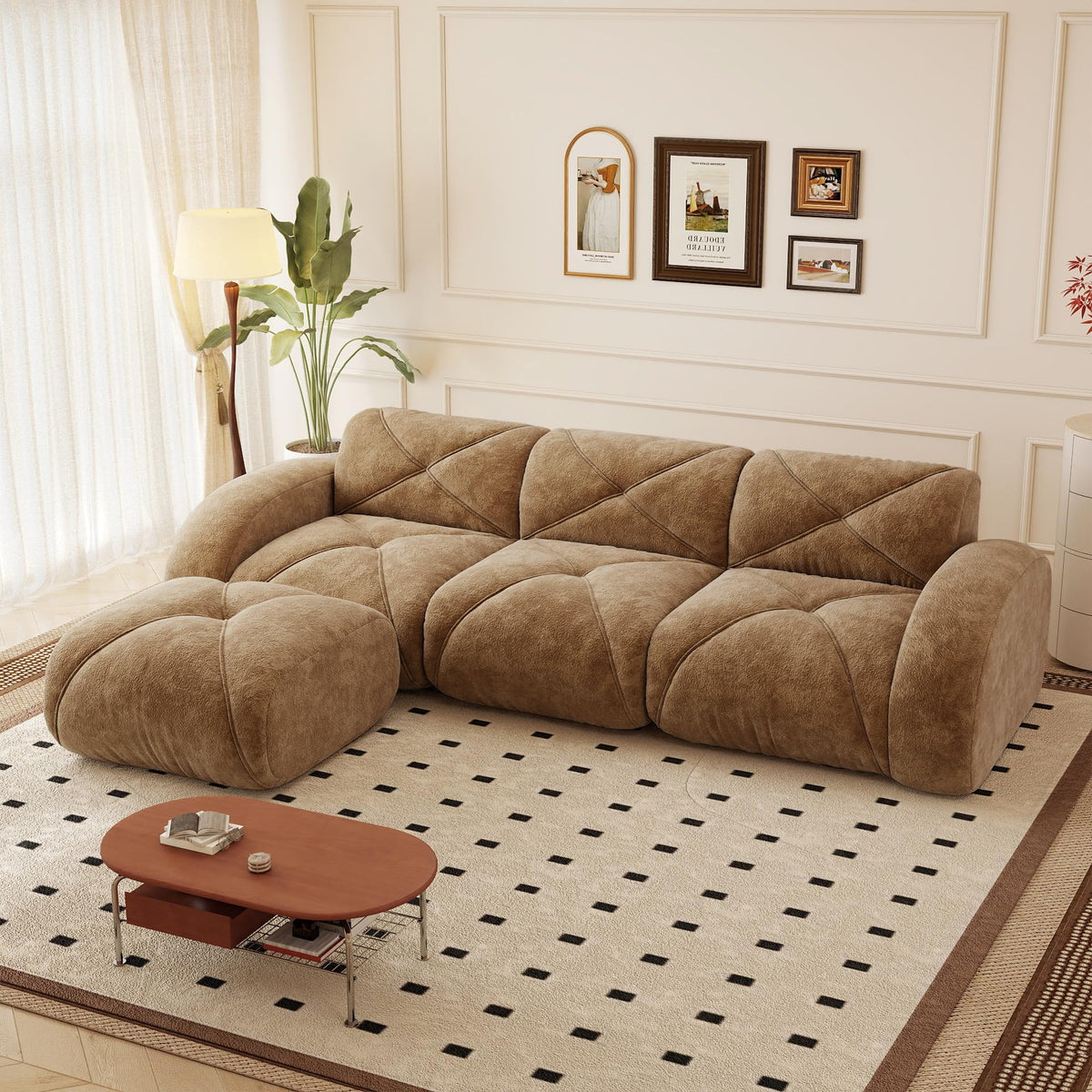 110.6" U Shaped Boneless Couch with Ottoman, Convertible Modular Sectional Cloud Sofa, Deep Seat 5 Seater Velvet Couch, 32D High Density Foam Sofas for Living Room, No Assembly Required, Camel