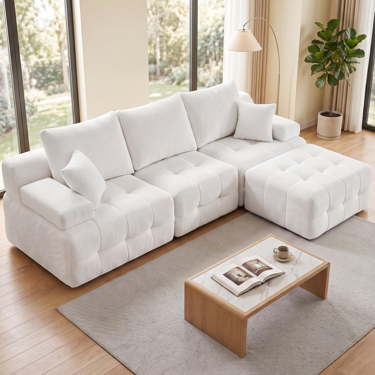 110" Cloud Sectional Couches for Living Room,Modern Convertible L-Shape Couch with Ottoman 3 Seater Chenille Fabric Comfy Cloud Couches with Movable Ottoman(Beige)
