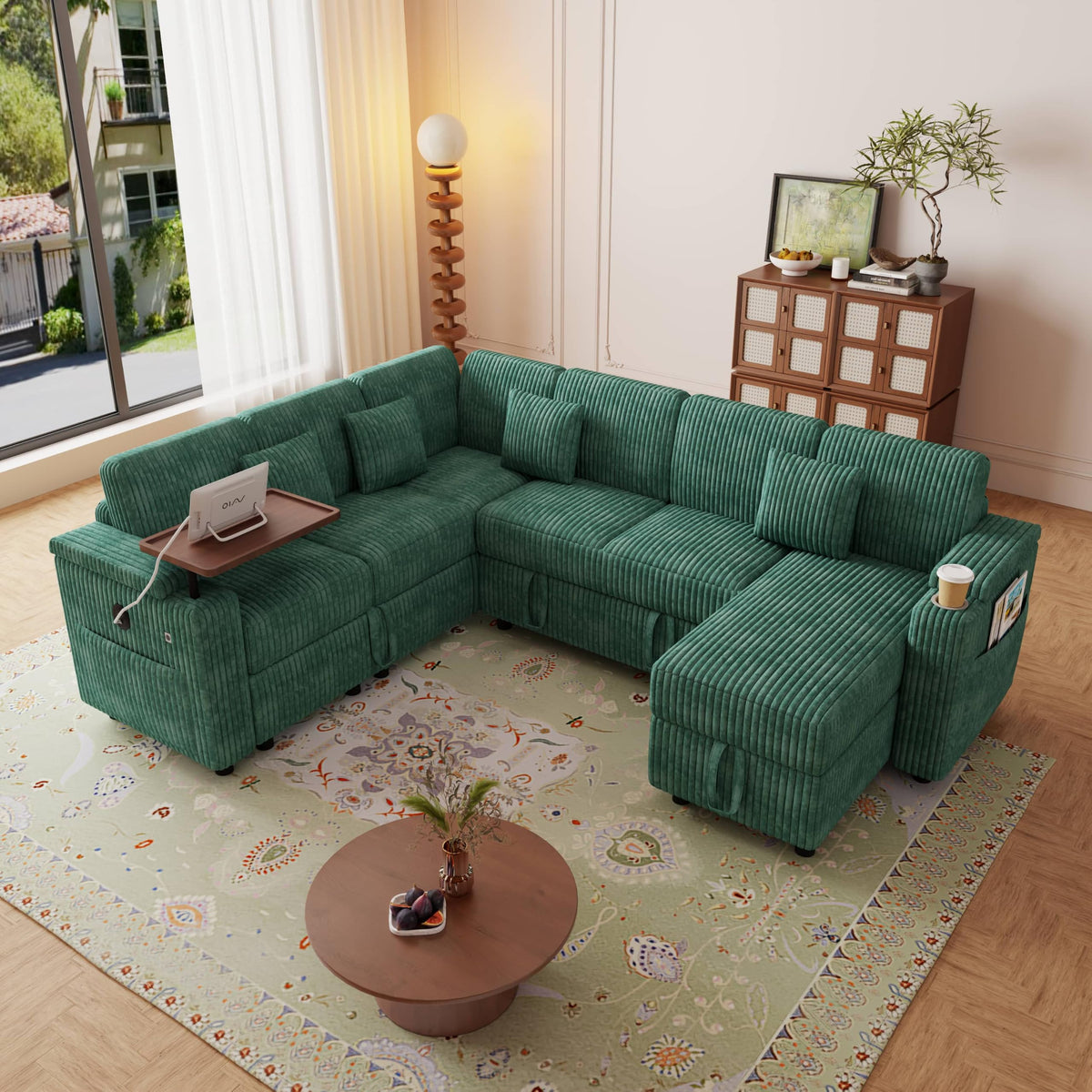 100" Modular Sectional Sleeper Sofa with Pull Out Bed/Side Table/USB Charging/Storage Chaise, Comfy Convertible Cloud Couch, U Shaped 7 Seat Corduroy Sofa with Cup Holders,Green