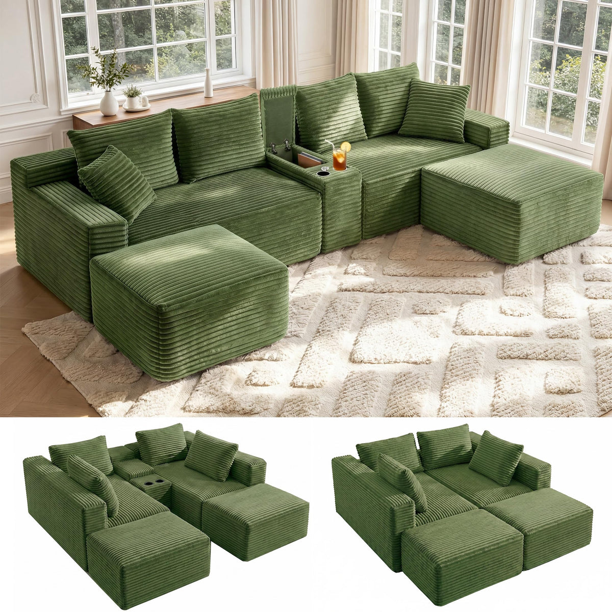 127" U-Shaped Boneless Sofa with Center Console for Living Room, Brown