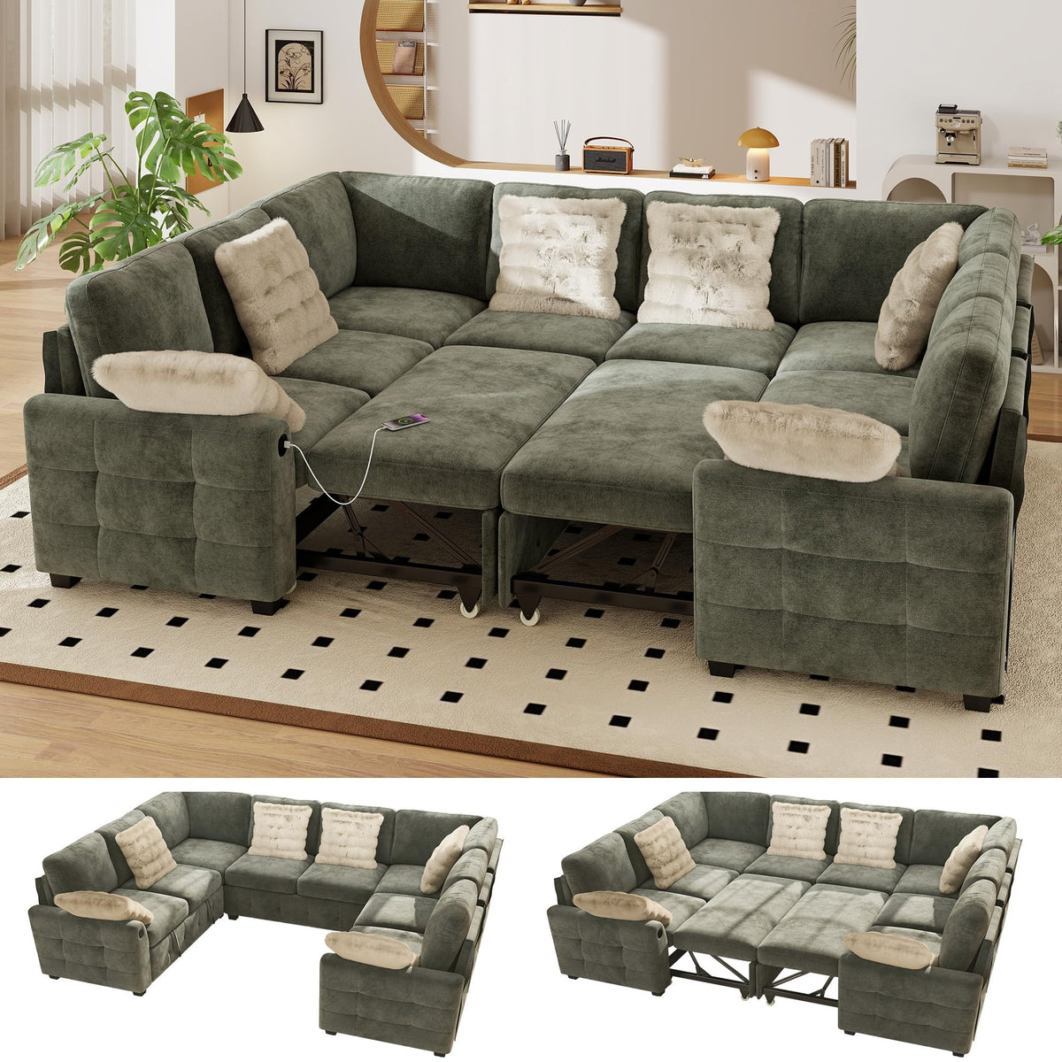WorthFurni 104" Oversized 6 Seat L Shaped Sectional Sofa, Corduroy Convertible Couch with Pull Out Bed, Movable Storage Ottoman, USB Port, 2 Pillows & Storage Pocket for Living Room（Gray）