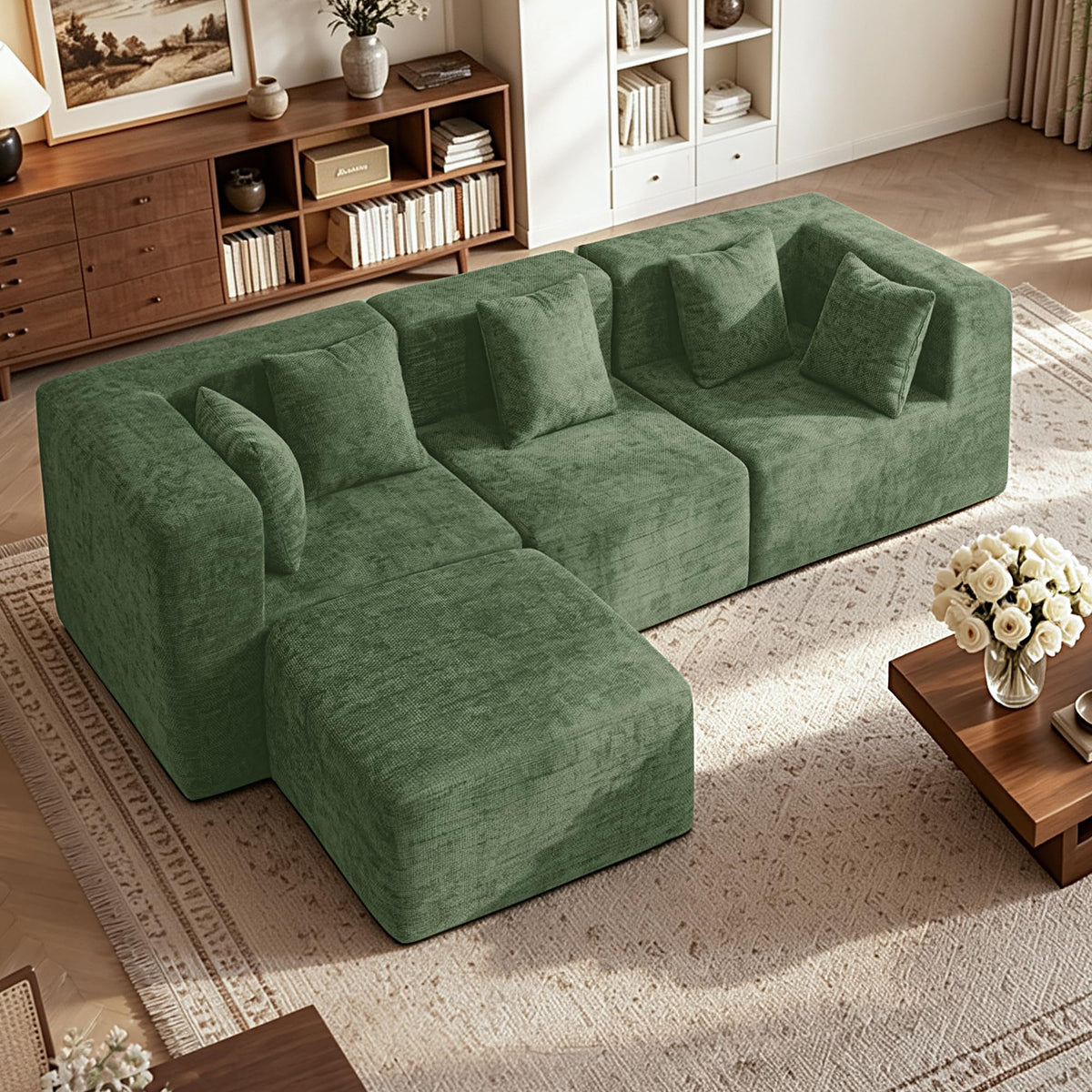 103" Three-Layer Sponge Boneless Couch sectional for Living Room Modular sectional Sofa High-Back 4-Seater L-Shape Couch with Ottoman Memory Foam Waterproof Chenille Black