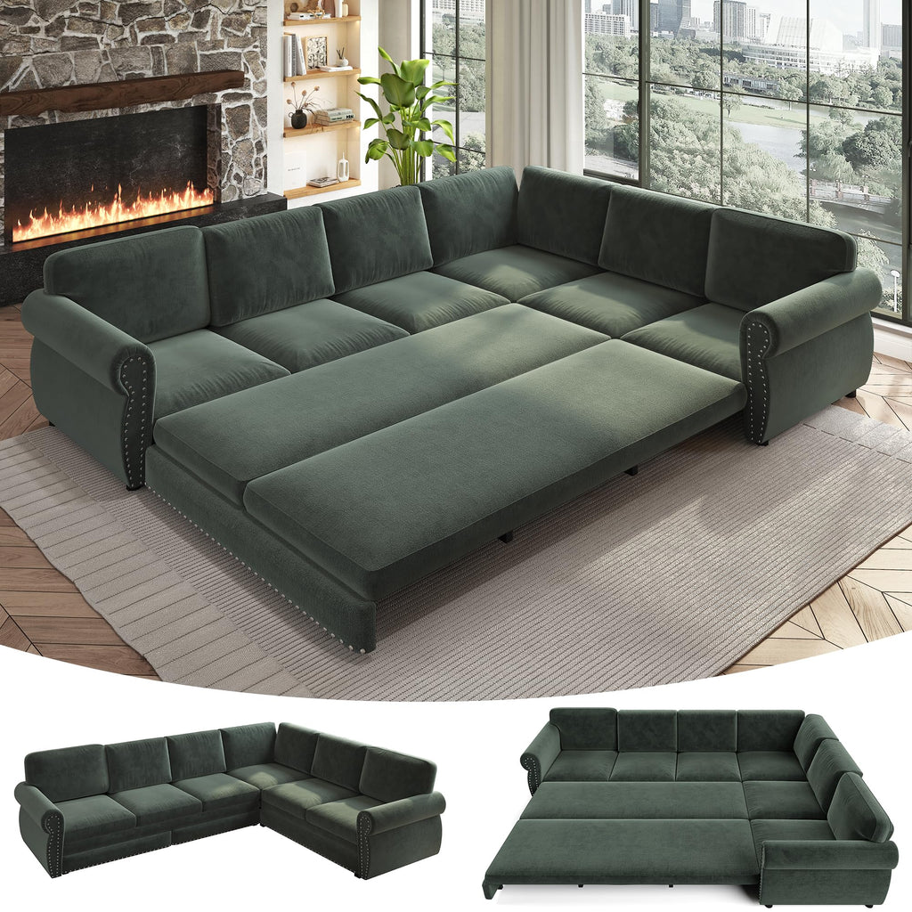 118" Oversized Sleeper Sofa with Pull Out Bed, Chenille L Shaped Convertible Sectional Sleeper Couch with Nailhead Trim & Rolled Arm, 6-Seater Couches for Living Room, Blue