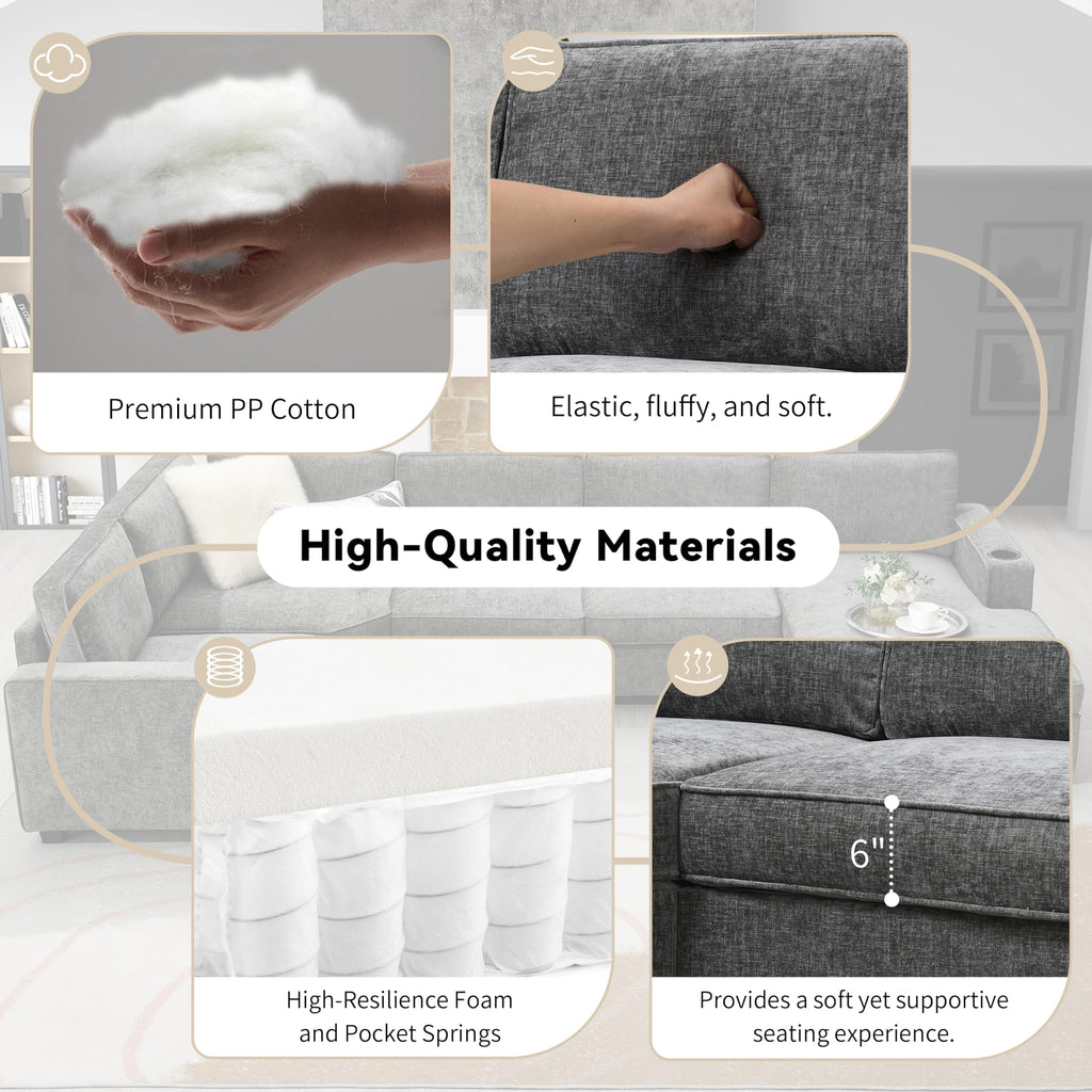 119" U Shaped Sectional Sofa, 6 Seat Chenille Corner Couch Set with Cup Holders, Oversized Chaise Lounge, Irregular Corner, Deep and Wide Seat, Comfy Sofa for Living RoomApartment, 2 Colors