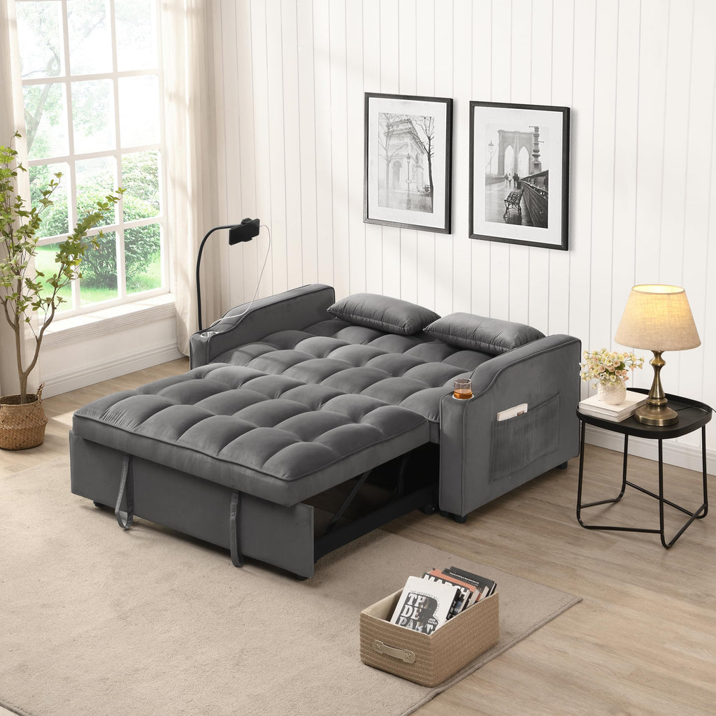 Tidyard Sofa Bed with Trundle, Dark Grey, Convertible Sleeper Couch with USB Ports & Phone Holder, 3-Position Reclining, Includes 2 Pillows, Easy Assembly