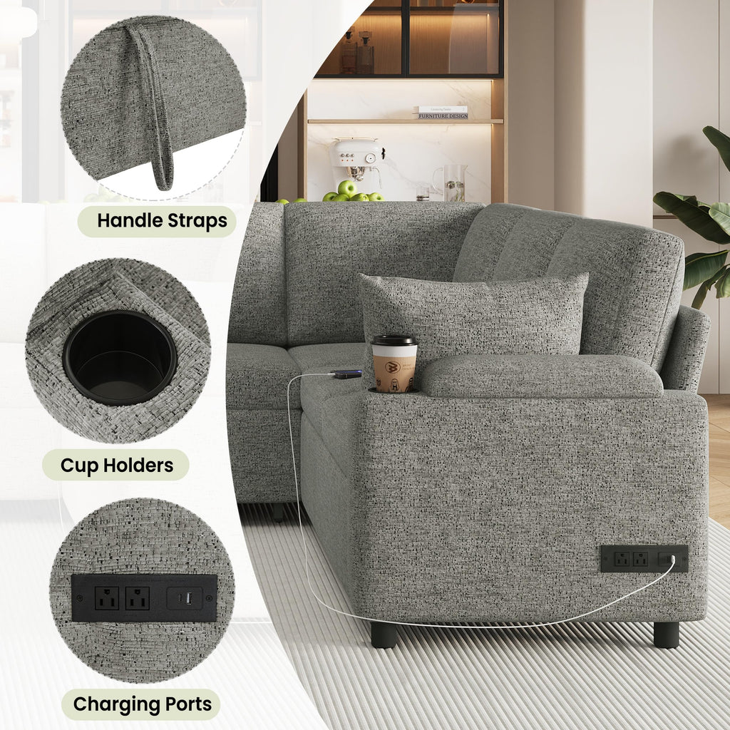 109.9" U-Shaped Sectional Sofa Bed Light Grey, Convertible Sofa with Storage Chaise, Built-in Cup Holders & Charging Ports, Chenille Fabric Living Room Furniture
