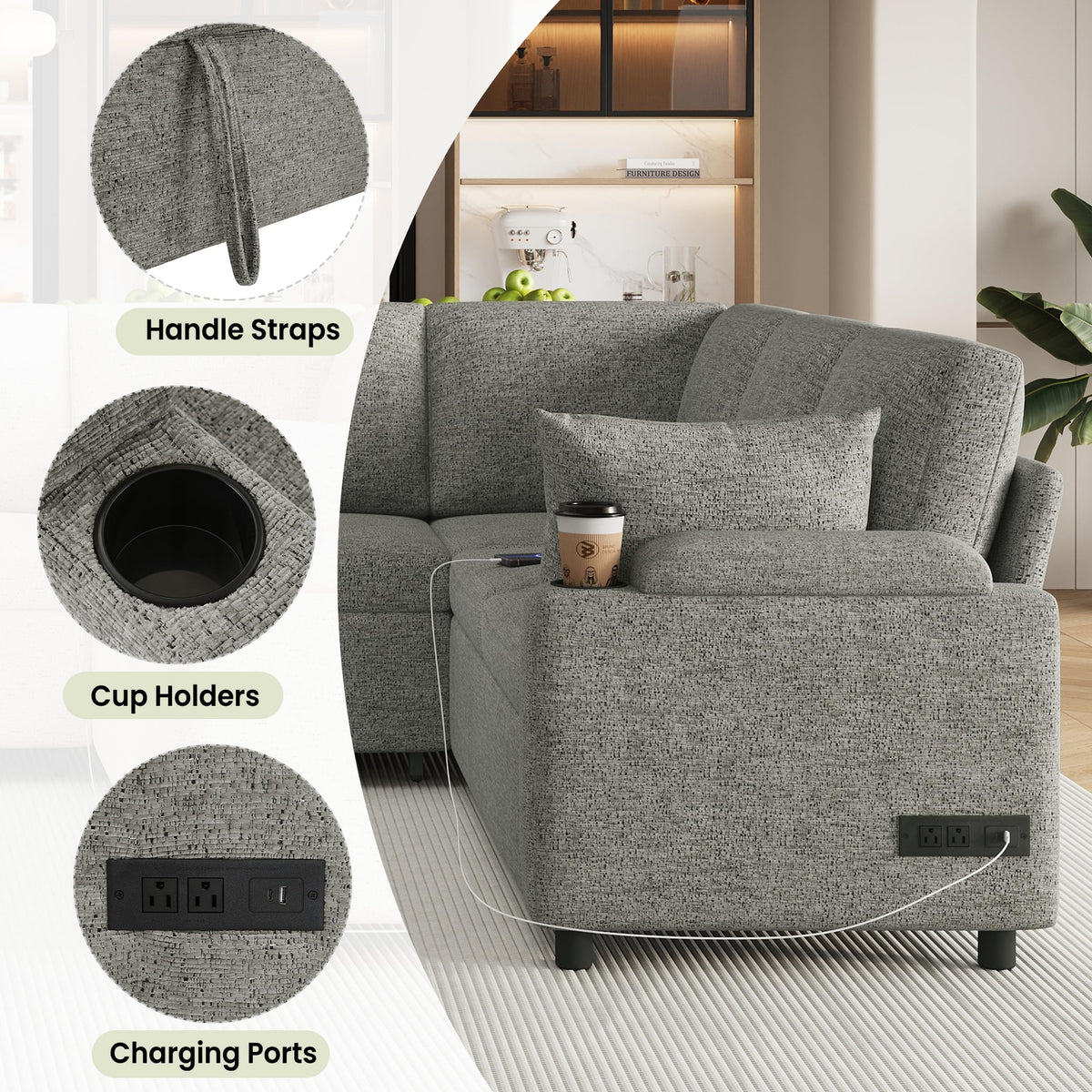 109.9" U-Shaped Sectional Sofa Bed Light Grey, Convertible Sofa with Storage Chaise, Built-in Cup Holders & Charging Ports, Chenille Fabric Living Room Furniture