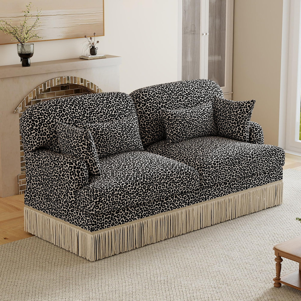 100" Leopard Print Chenille Modular Sectional Sofa with Tassels, L-Shaped Deep Seat Cloud Couch with Ottomans for Living Room, BGE-KHK
