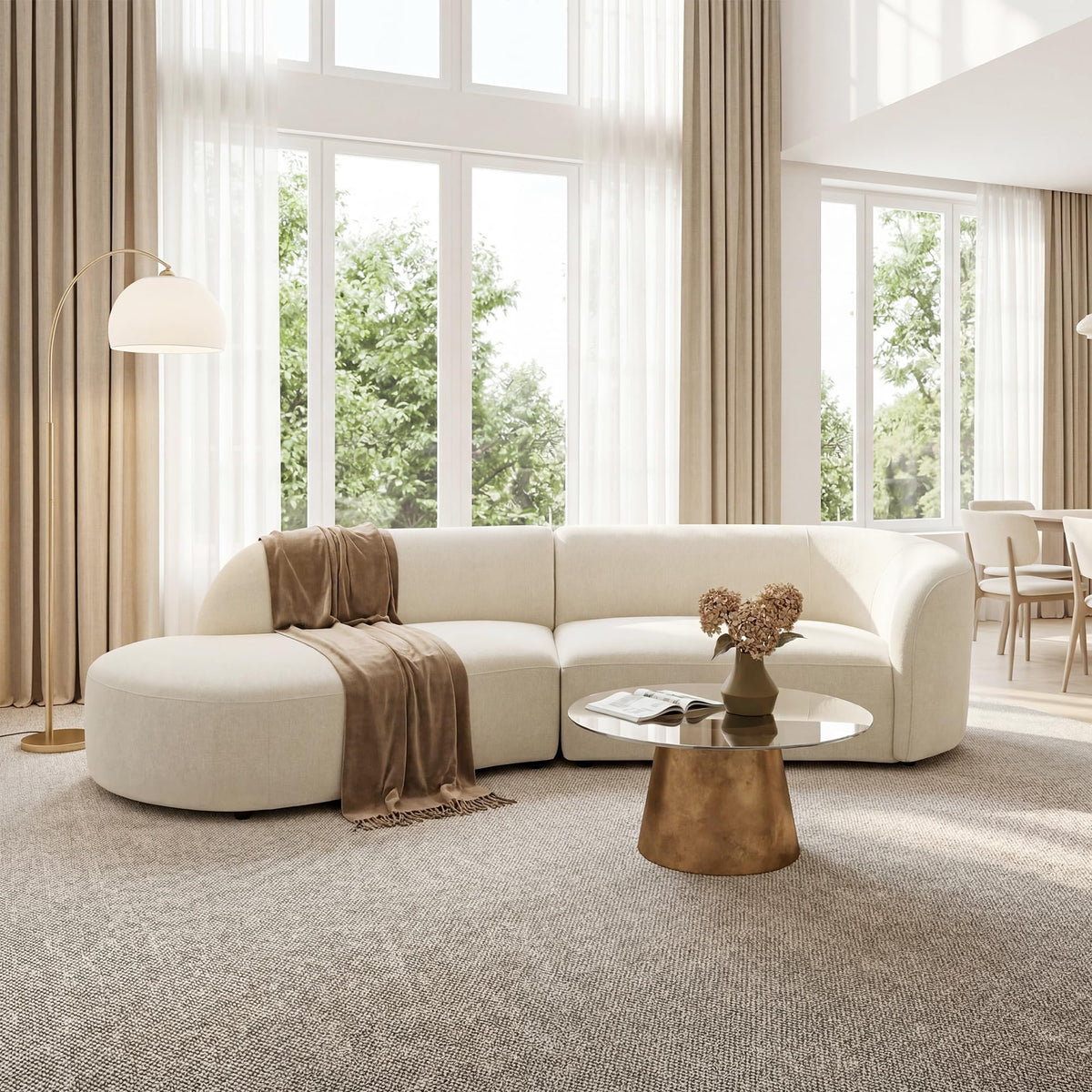 118" Left-Facing Chenille Sectional Sofa with Chaise, Modern Curved Cloud Couch, Deep Seat Upholstered Sofa with Solid Wood Frame, Organic Rounded Design for Living Room, Beige
